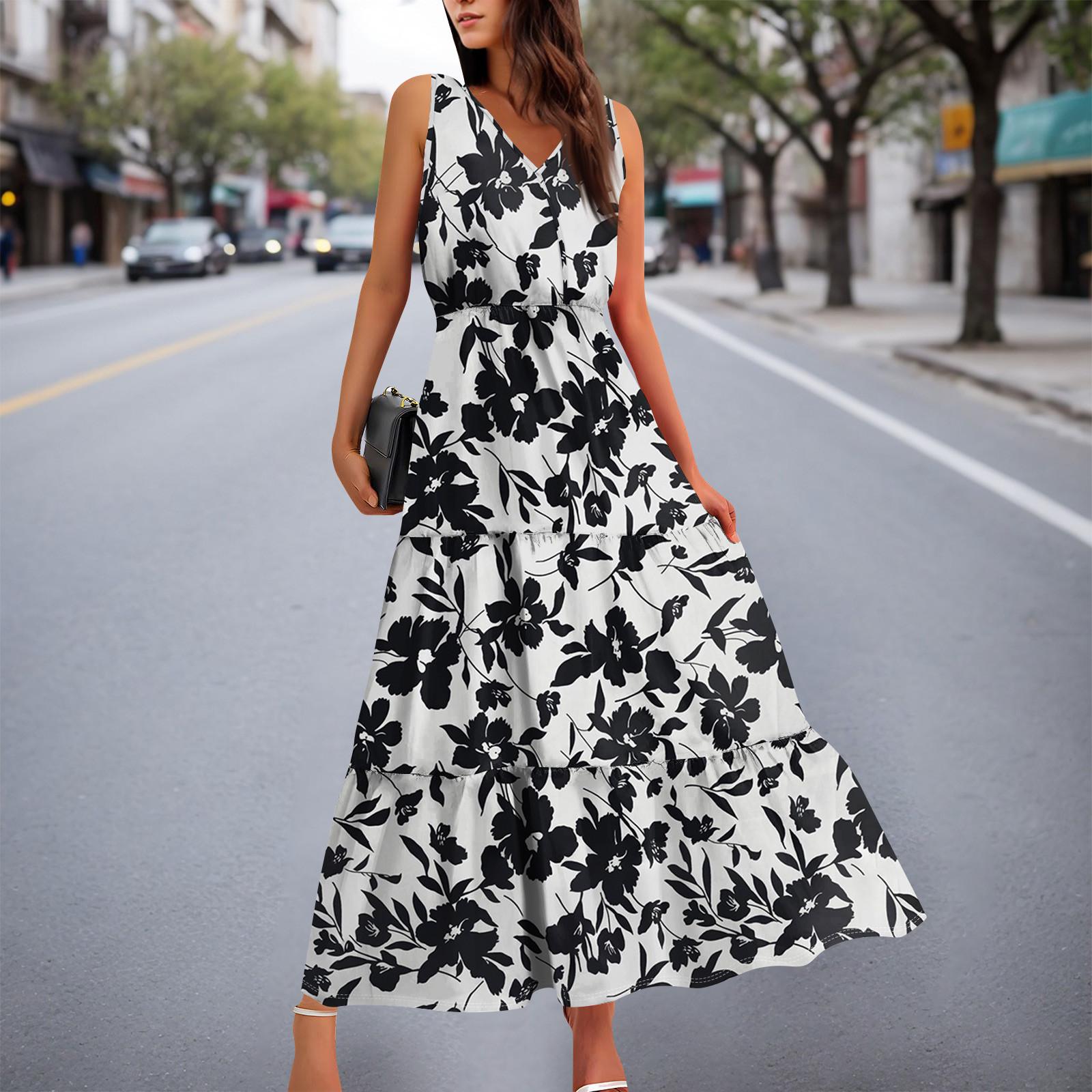 

Женские струящиеся платья Женские летние платья Повседневные длинные платья без рукавов Милые длинные платья с цветочным принтом M белый