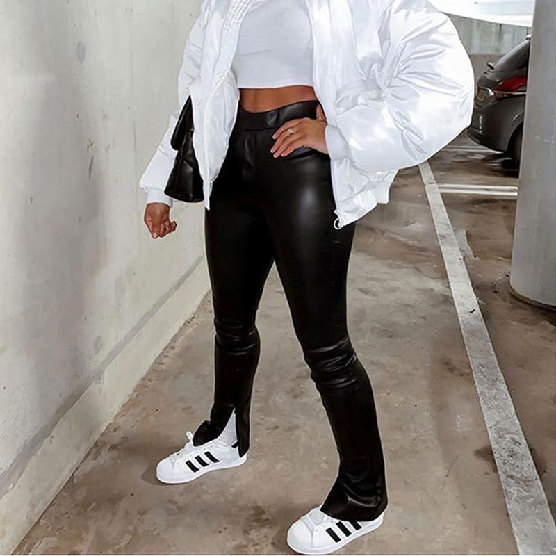 

Узкие кожаные брюки женские с высокой посадкой, эластичной талией, разрезами по бокам, повседневные леггинсы XL чёрный