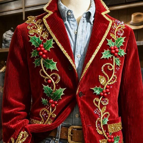 Płaszcz Garniturowy Sztruksowa Kurtka Zimowa Slim Fit Jednorzędowy Płaszcz Garniturowy Klapy Długi Rękaw Nadruk z Motywem Świątecznym 3D Odzież Wierzchnia