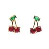 Cute Green Branches and Leaves Red Cherry Crystal Stud Earrings for Women New Temperament Korea Bride Jewelry Accessory Gift