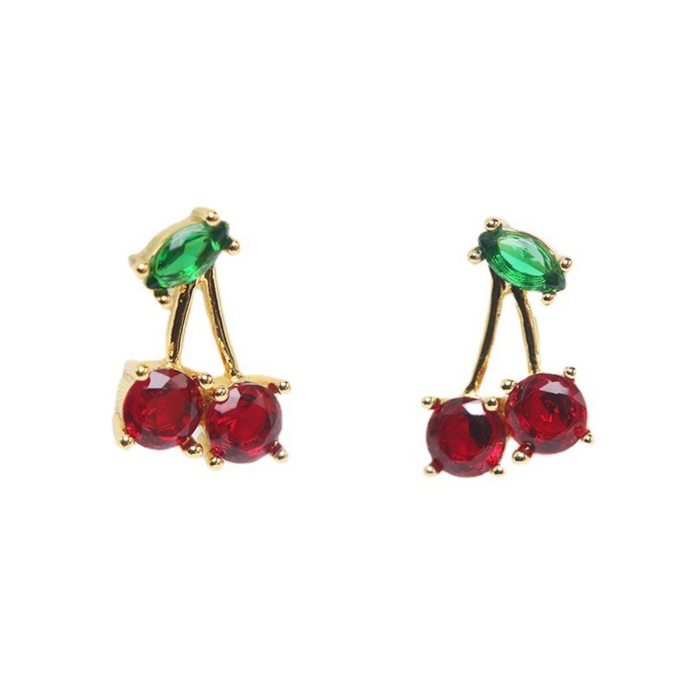 Cute Green Branches and Leaves Red Cherry Crystal Stud Earrings for Women New Temperament Korea Bride Jewelry Accessory Gift