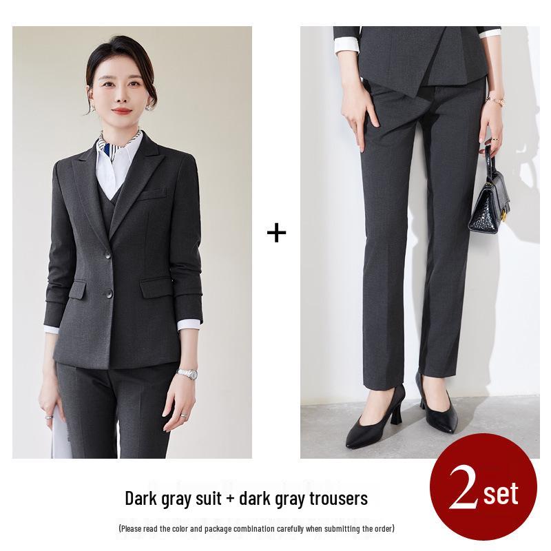 Professional Women's Autumn Suit Set - Formal Workwear for Hotel Front Desk Manager with Long-Sleeved Jacket and Pants