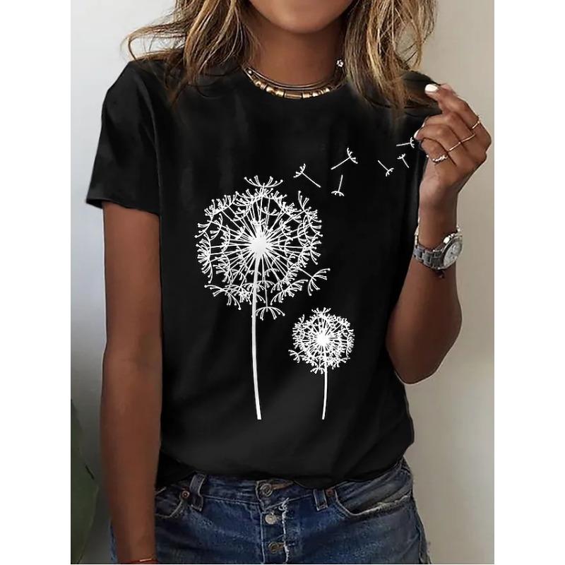 Sommer Rundhals 3D Löwenzahn Print Top Modische Lässige Kurzarm Damen T-Shirts