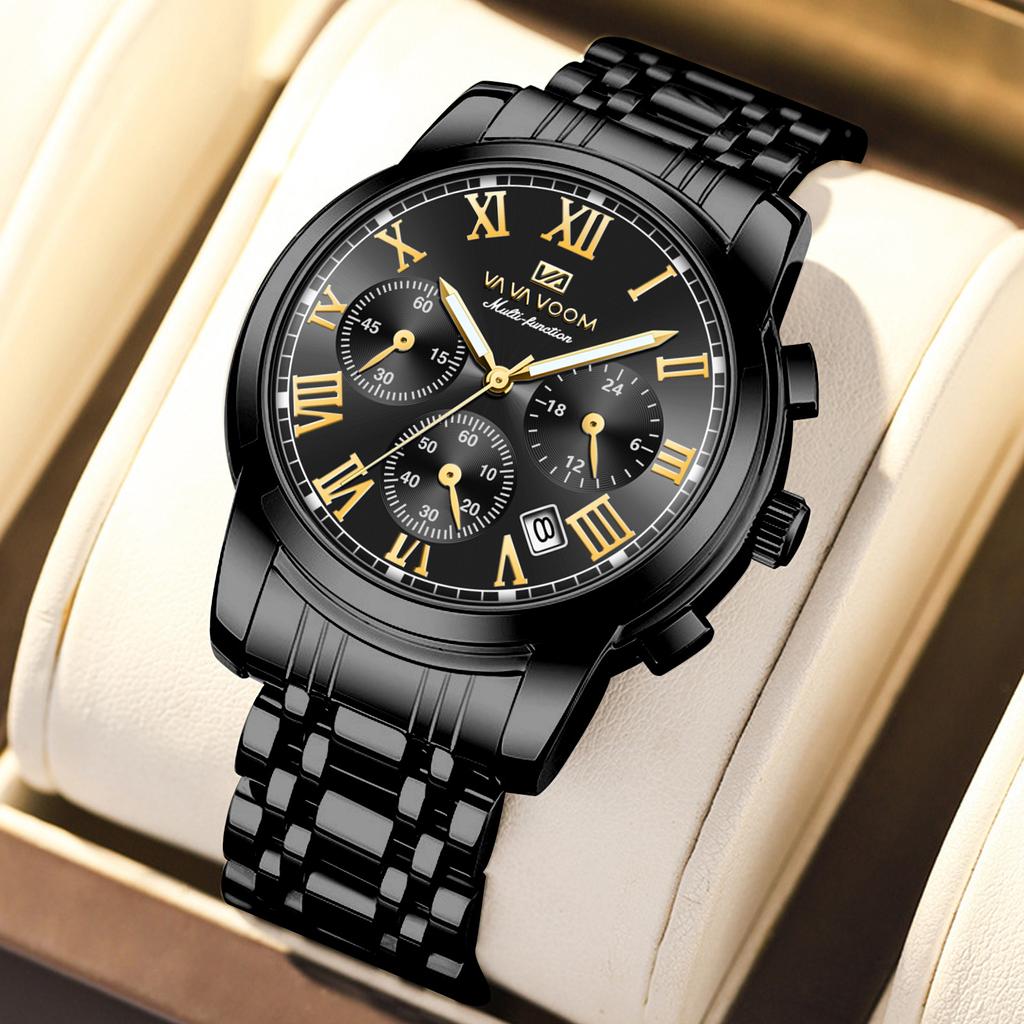 VA VA VOOM Men’s Quartz Watches Luminous Date Week Stainless Steel Men Watch 3Bar Waterproof Casual Sports Quartz Watches Male Clock Men Watches + Box