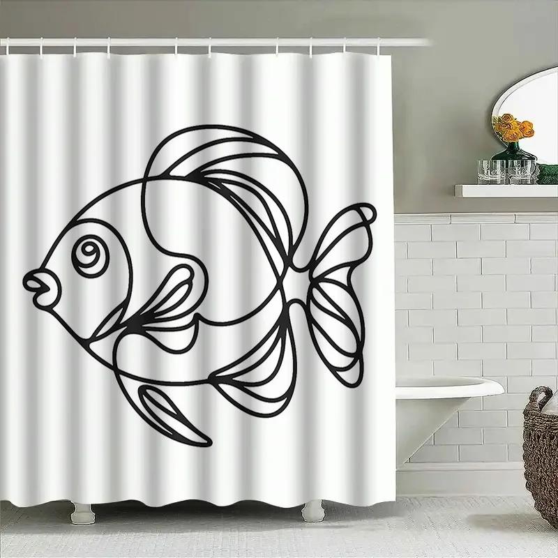 Black And White Modern Fish Print Shower Curtain Home Decor Waterproof Bathroom Decoration 3D Printing Window Treatments Custom