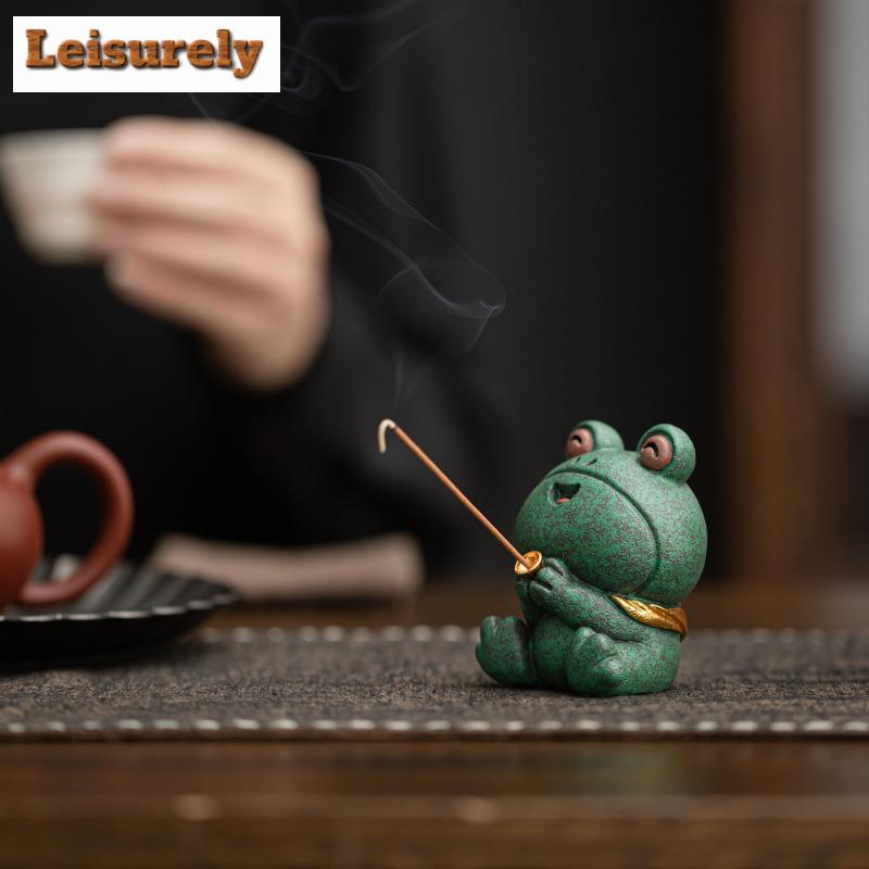 Color Blue Stone Cute Big-eyed Frog Incense Holder Water Fountain Decoration Incense Burners Meditation Censer Buddhism Ornament