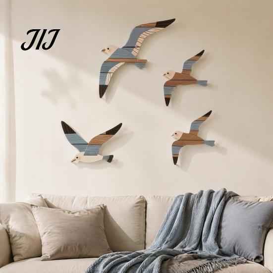 Bohemian Wood Hanging Decor 3/4Pcs Seagull Wall Decor, Nautical Coastal Theme Art, 3D Wooden Bird Adhesive Sculpture for Home Bedroom Living Room Hand