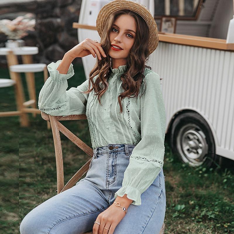 Fashion Elegant Lace White Women Shirt Spring Summer Plus Size Hollow Out Casual Loose Blouse Office Ladies Sweet Long Sleeve Tops Stand Colllar Tops