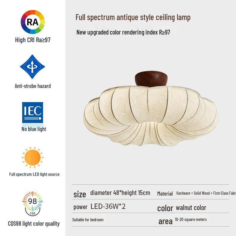 Chinese Fabric Pendant Light for Bedroom or Study - Solid Wood Pattern, Eye-Protecting Ceiling Light for Restaurant.