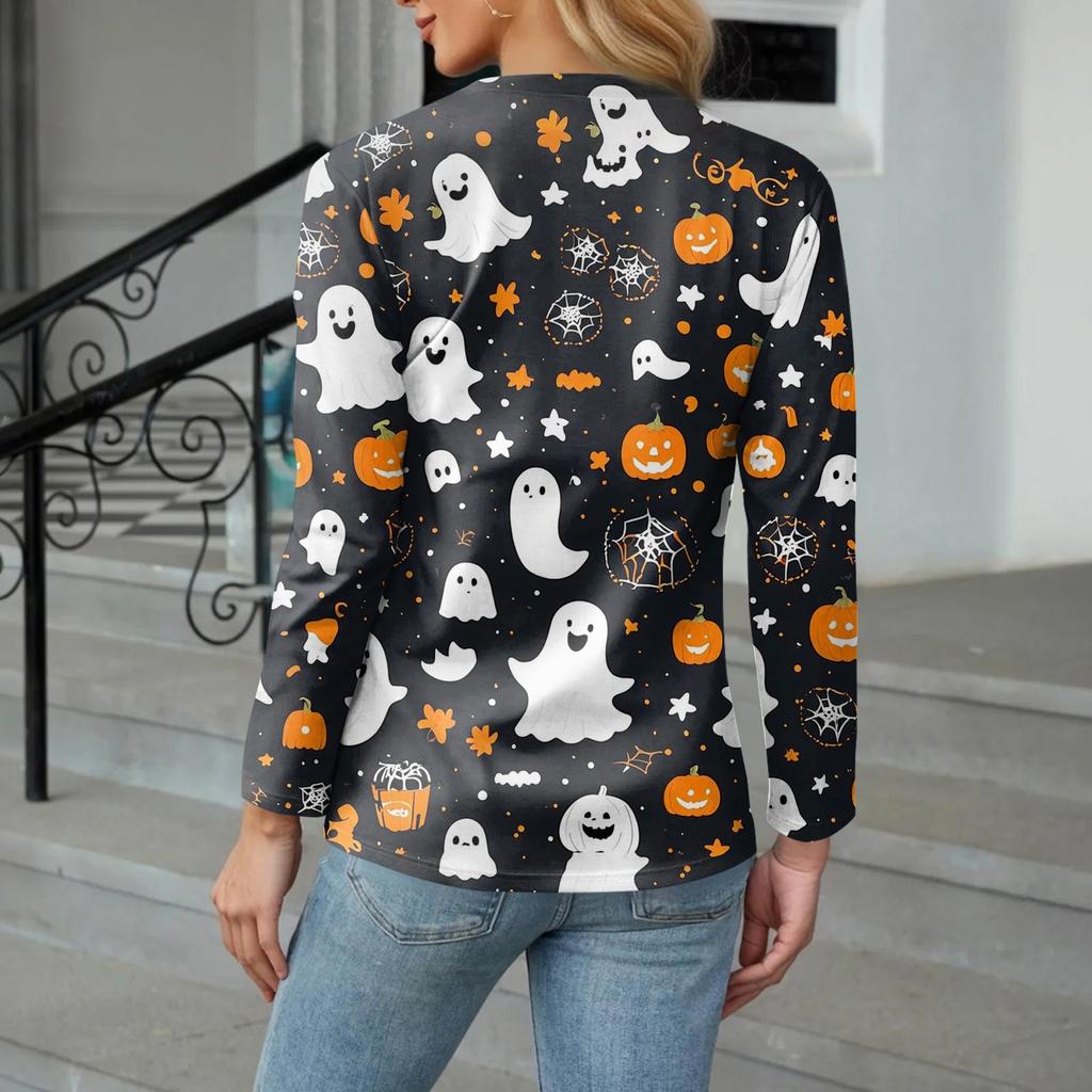 Women's Casual Fashion Sexy Comfort Halloween Printed V-Neck Button Long Sleeve