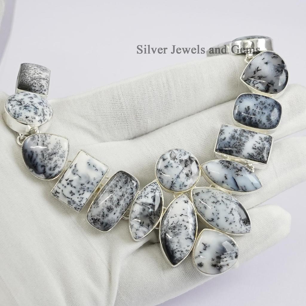 Handmade Dendritic Opal Cluster Necklace, 925 Sterling Silver, Gemstone Jewelry