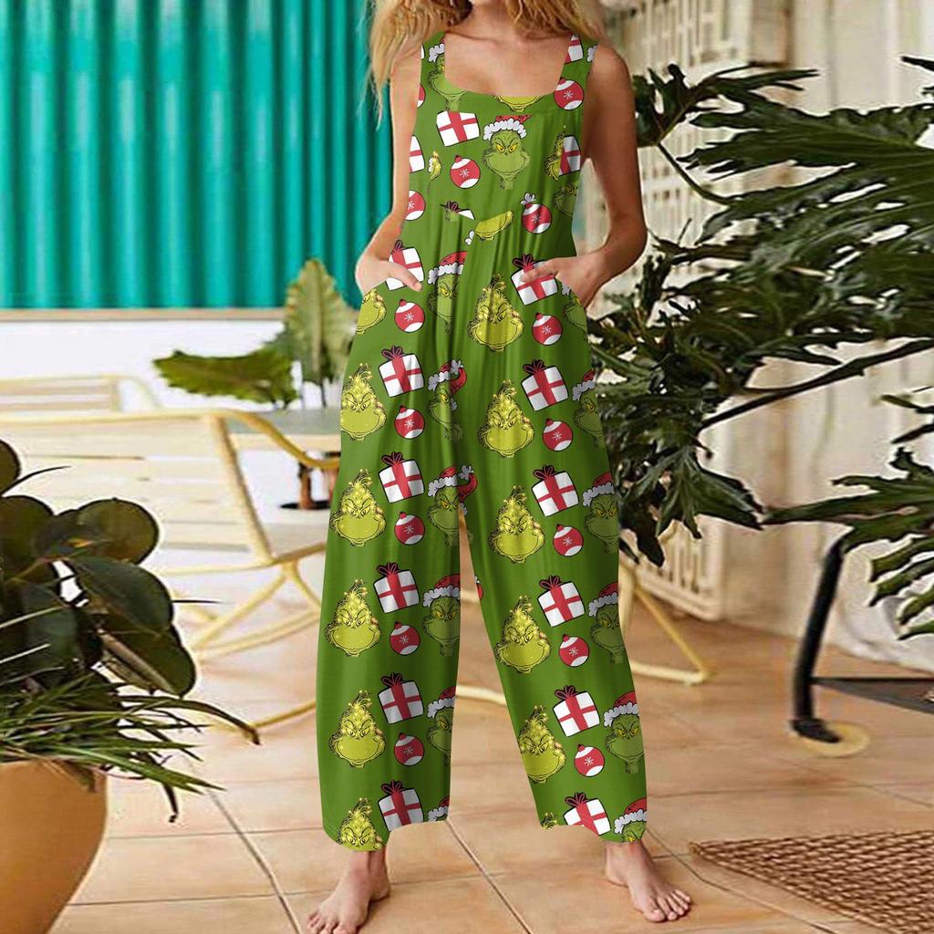 Women's Casual Loose Jumpsuit Christmas Print Wide Leg Jumpsuit Sleeveless With Pockets
