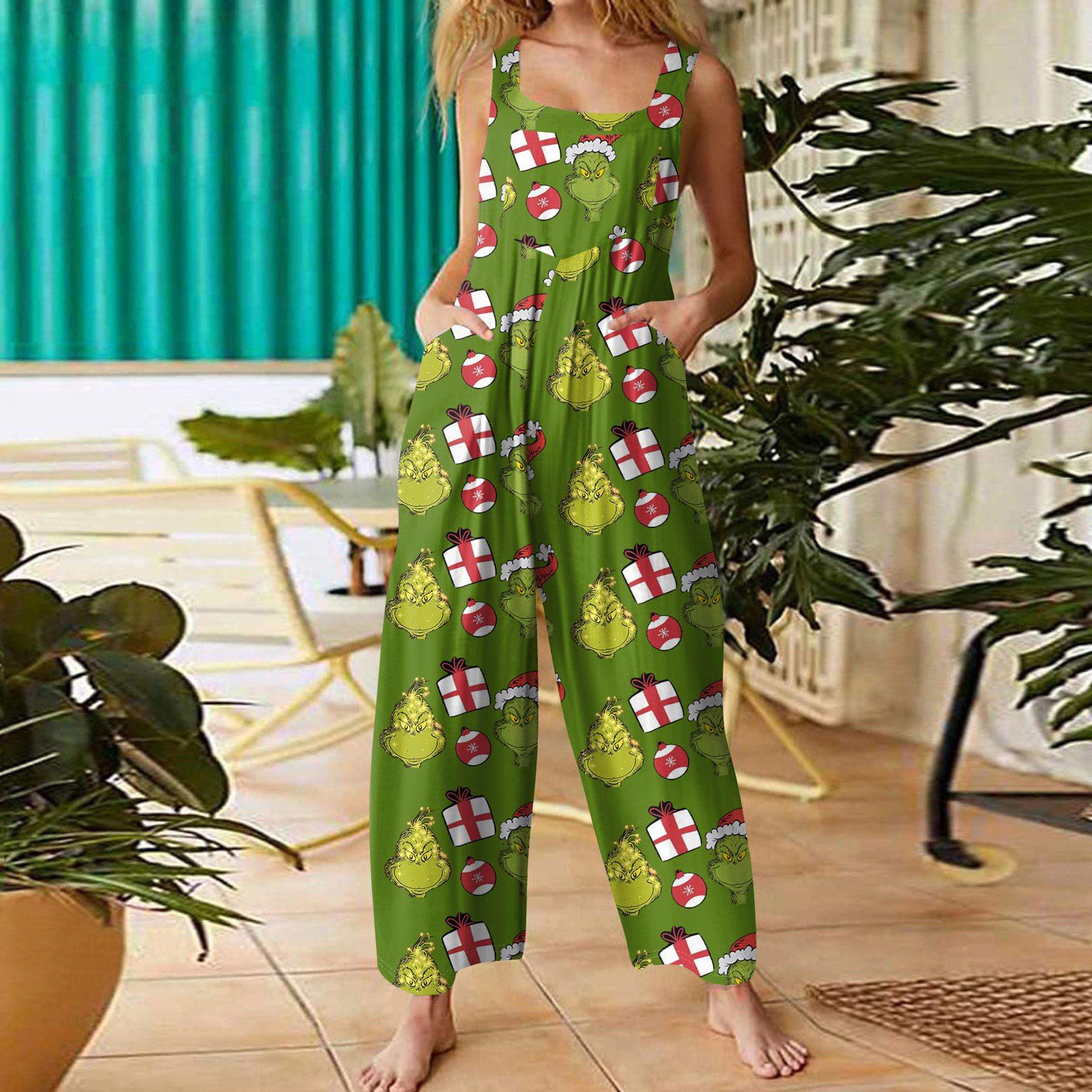 Women s Casual Loose Jumpsuit Christmas Print Wide Leg Jumpsuit Sleeveless With Pockets XXL
