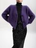 European & American Style Purple Faux Mink Velvet V-Neck Long-Sleeve Knitted Cardigan Sweater