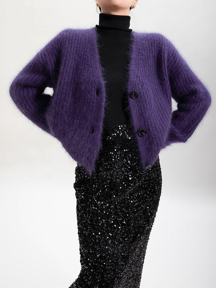 European & American Style Purple Faux Mink Velvet V-Neck Long-Sleeve Knitted Cardigan Sweater