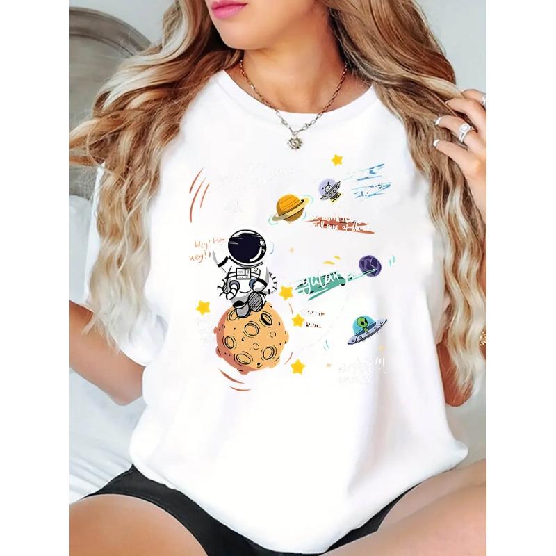 

Европейские размеры Женская футболка с принтом Космонавт и Планета - Короткий рукав, Круглый вырез, Повседневный летний топ на космическую тематику (Планеты, Звезды) S белый