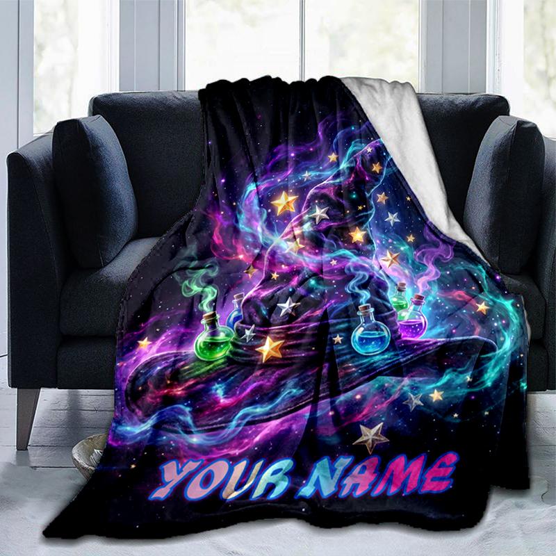 1PC Custom Name Magical Hat Dreamscape flannel blanket versatile,all-season throw suitable for the living room,bedroom,camping,travel,and gift