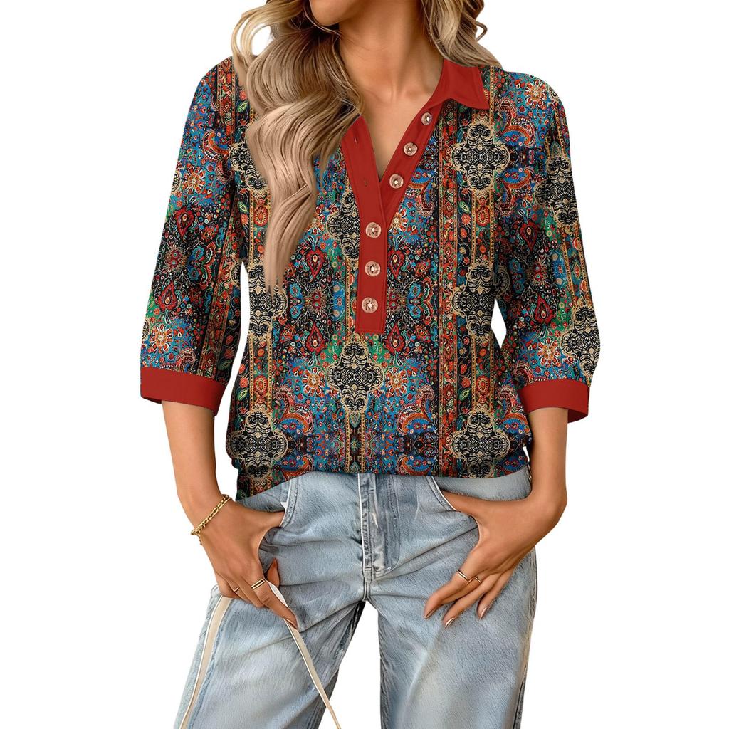 Damen modisches und lässiges Sommer V-Ausschnitt Patchwork Dreiviertelarm Retro Oberteil