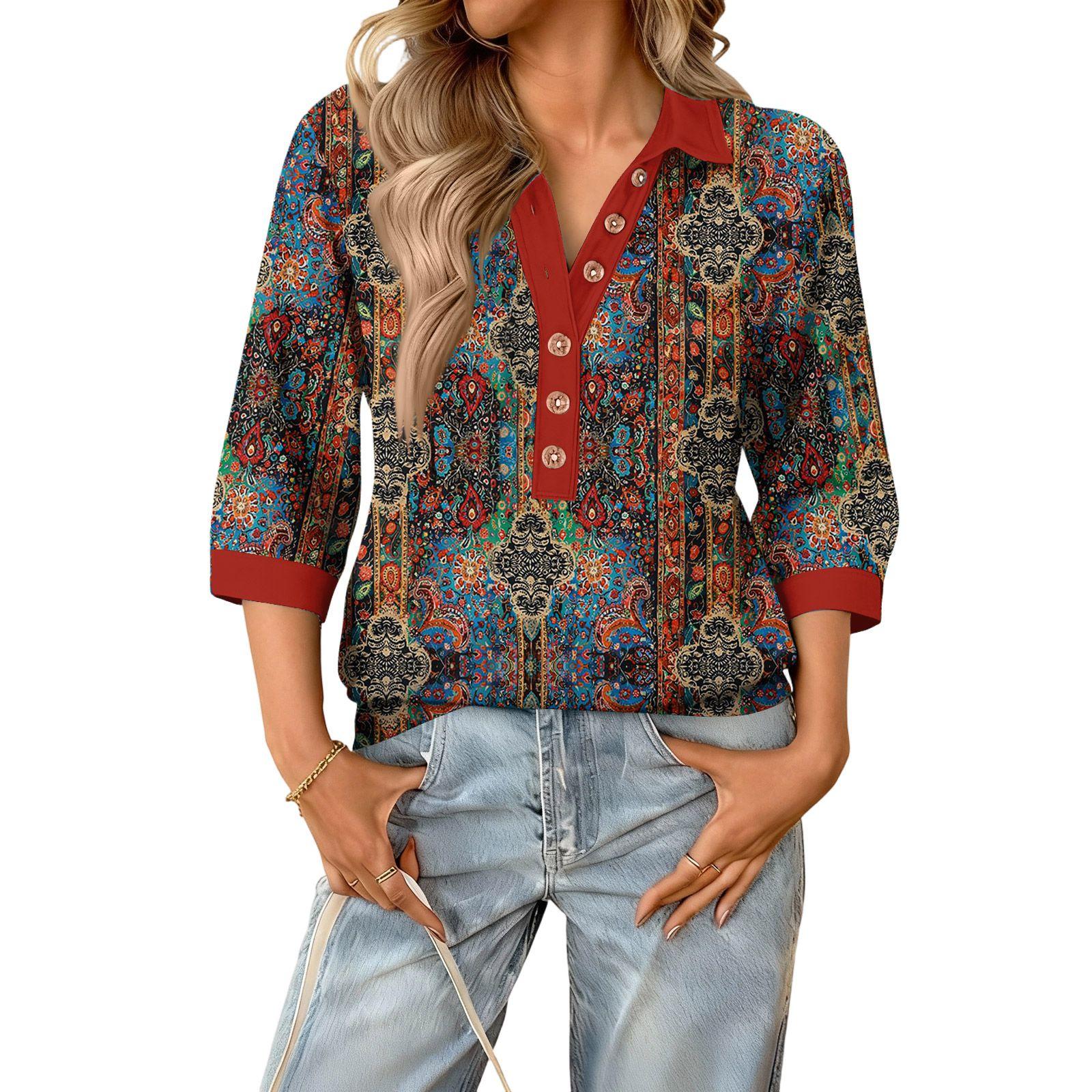 

Women s fashionable and casual summer V,neck patchwork three,quarter sleeve retro top S