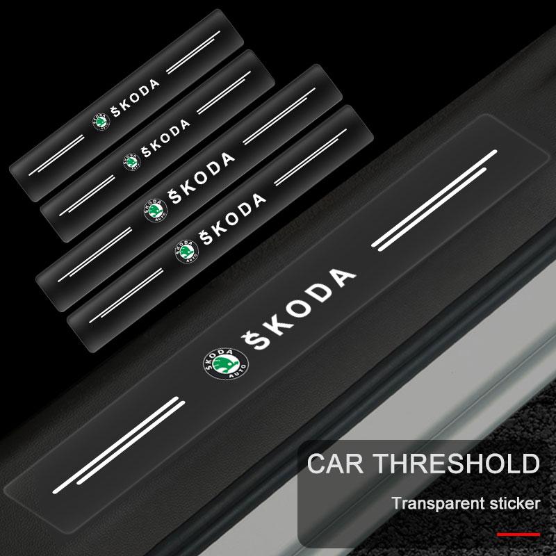 4Pc Car Threshold Protector Transparent Decorative Badge 3D Sticker For Skoda Octavia Superb Rapid Kodiaq Karoq Fabia Kamiq Roomster Citigo