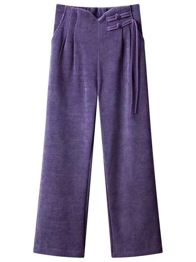 Meilade Autumn Winter Chinese Style Pao Kuao Fleece-Lined Sherniel Wide Leg Pants Women High Waist Drop Crotch Straight Leg Casual Trousers