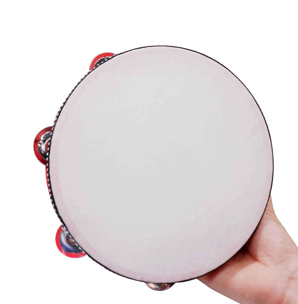 DINGEE Tambourine with Skin, Set of 2, Hand Drum with 6 Jingle Bells, Handheld Educational Percussion Instrument, Approx. 20cm Diameter, Includes