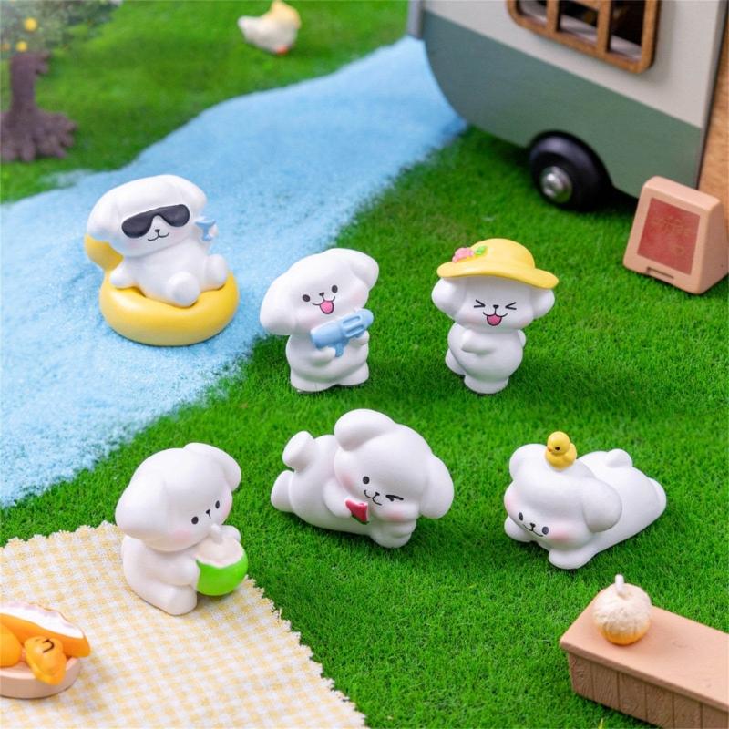 6 Piece Colorful Resins Dog Miniature Sculpture With Beach Theme Design Vacation Animal Statue Table Decoration Accent