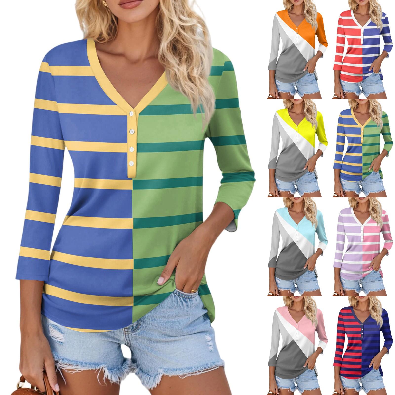 

Women s Casual Fashion Sexy Comfortable V-neck Button Stripe Patchwork Color Three-quarter Sleeve Top XL жовтий