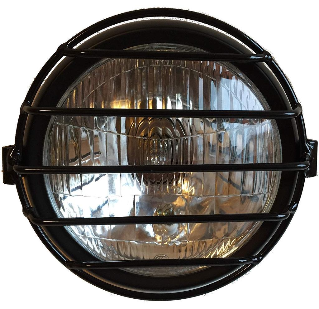 Karun Universal 12V Headlight with Guard for Vintage Motorcycles, Black (Type 2, Clear Lens)