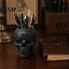 Artistic Resin Figurine Halloween Skull Makeup Brush Holder, Matte Black Gothic Skeleton Pen Organizer Spooky Home Decorations for Desk, Storage