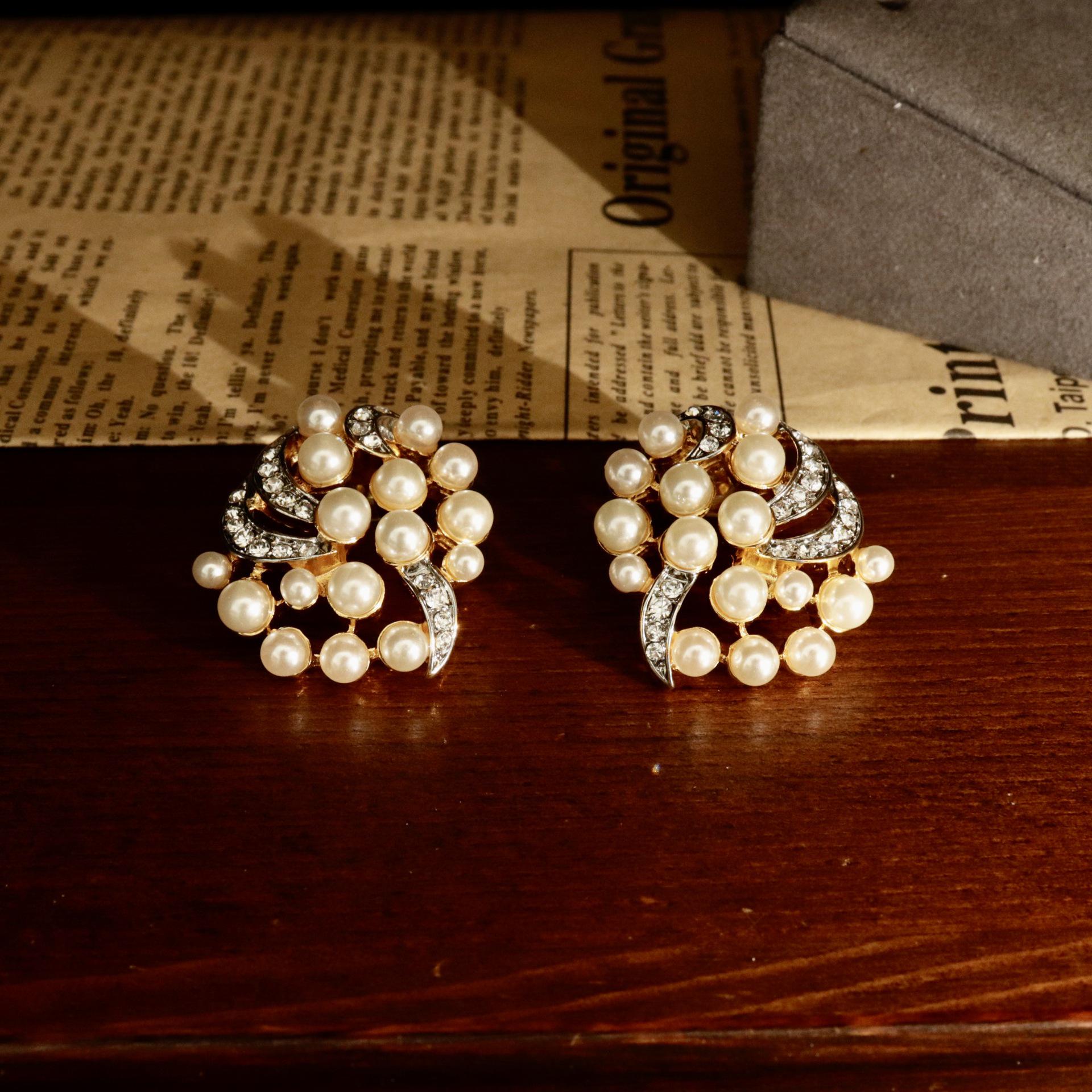 Retro Baroque Pearl & Rhinestone Stud Earrings, Gold & Silver Plated