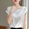 Damen Kurzarm-T-Shirt aus Seidensatin, Rundhalsausschnitt, Unifarben, Lockere Passform, Vielseitig, Schlankmachendes Drapier-Design
