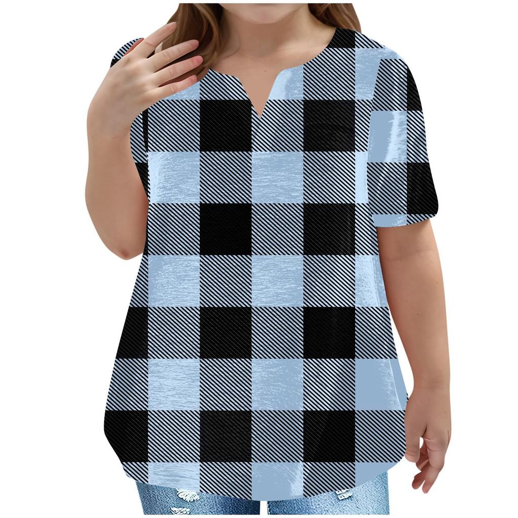 Children's Plus-size T-shirt Casual Fashion Plaid V-neck Short-sleeved Pocket Top