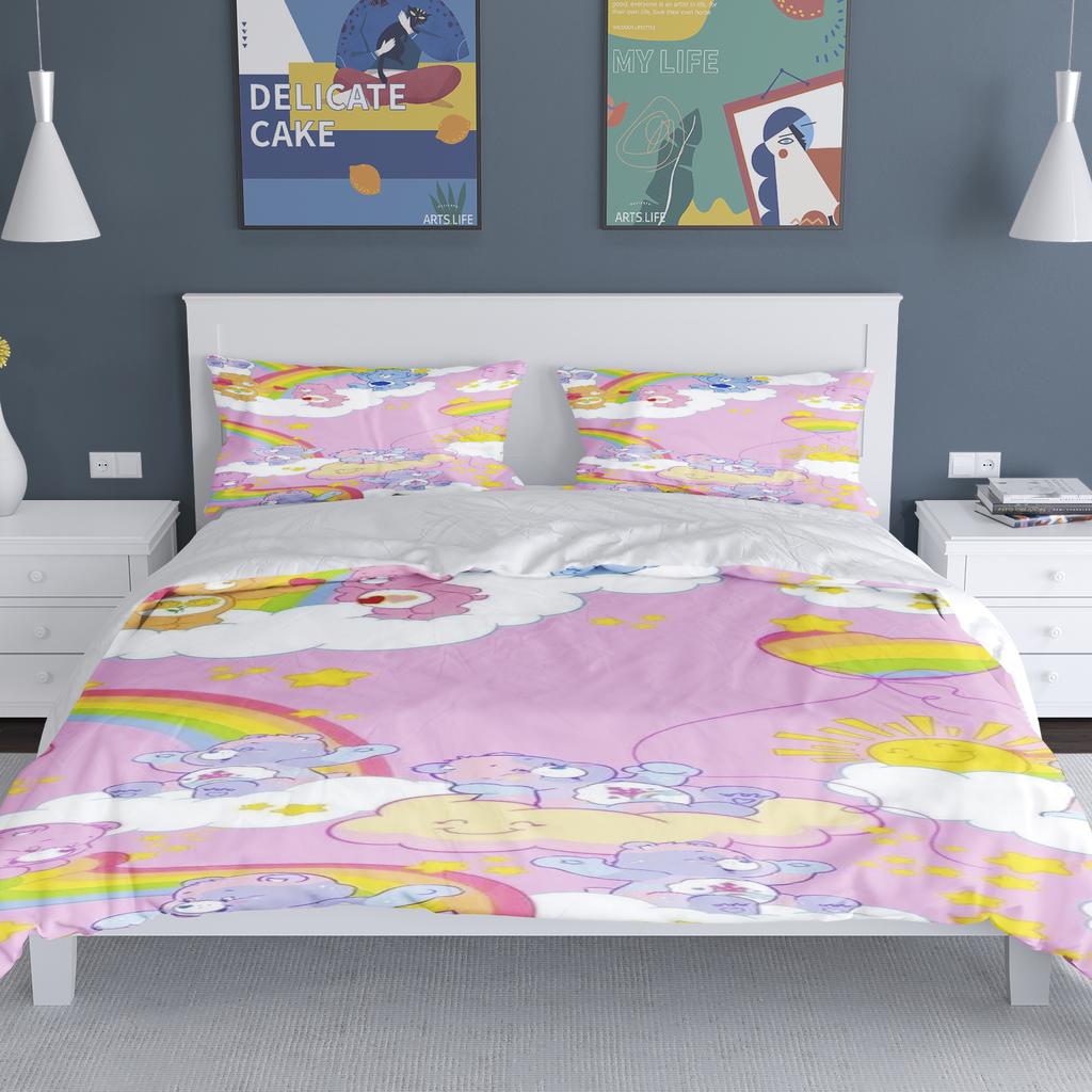 Tecknade Flickor Anime Care Bears Påslakan Set Kawaii Täckeöverdrag Örngott Set Barn Sängkläder Set Dekor Full Queen Size