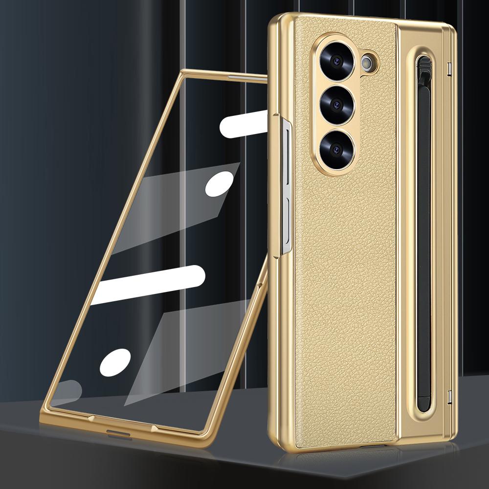 Electroplated Hinge Phone Case For Samsung Galaxy Z Fold 6 5 4 5G Fold6 Screen Glass Stylus All Inclusive Pen Slot Holder Cover