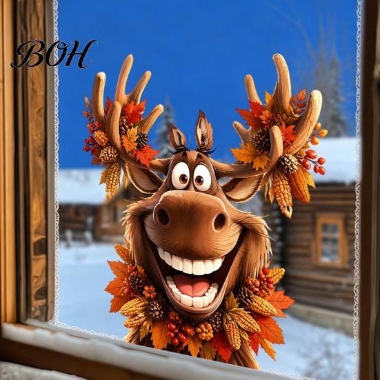 Decorative PVC Window Film Thanksgiving Sticker, Static Cling Fall Decal, Removable Autumn Decals Cute Animal Sticker for Holiday Decoration