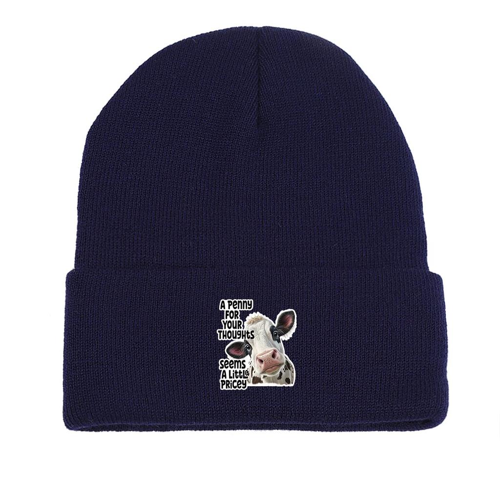 Vivid Cow Print Knit Hat Beanie, Animal Woman Cap Warm Lightweight Unisex Bonnet Knitted Cap Beanie