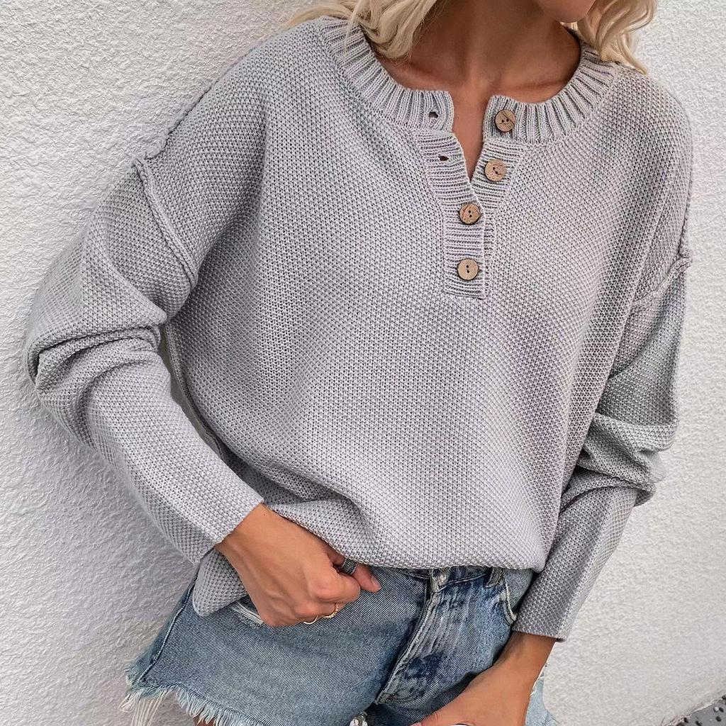 IHUASU Women's Autumn and Winter Solid Colour Pullover Large Size V-Neck Knit Sweater Street Hipster Sweater