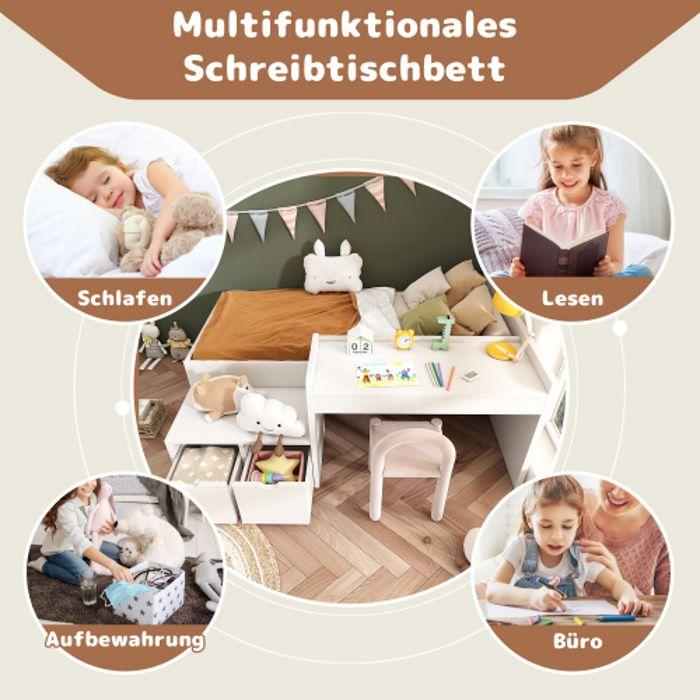 Lit simple en bois massif - MUVOE - 90 x 200 cm - Blanc - Bureau intégré - Tiroirs de rangement