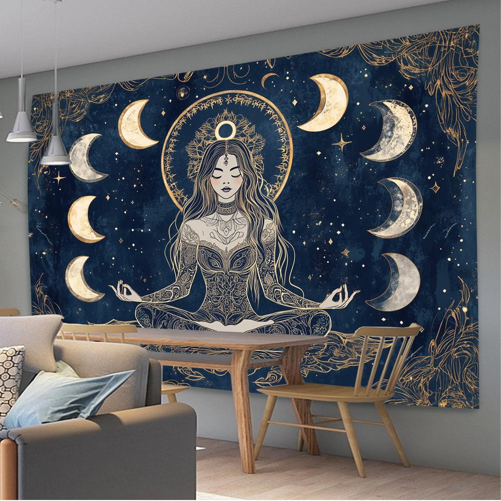 VIKAMA Moonlight Witch Meditation Tapestry Starry Moon Meditation Space Bohemian Style Bedroom Living Room Decor