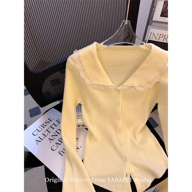 2024 Women's Autumn Knitted Cardigan: French Lace Peter Pan Collar, Bell Sleeves, Skirt Hem Crop Top