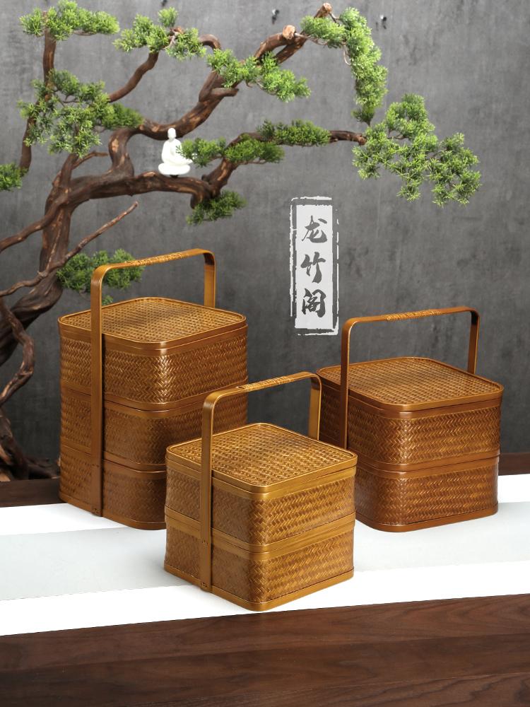 Vintage Bamboo Woven Double Layer Food Box Tea Set Storage Basket Dustproof Snack Container