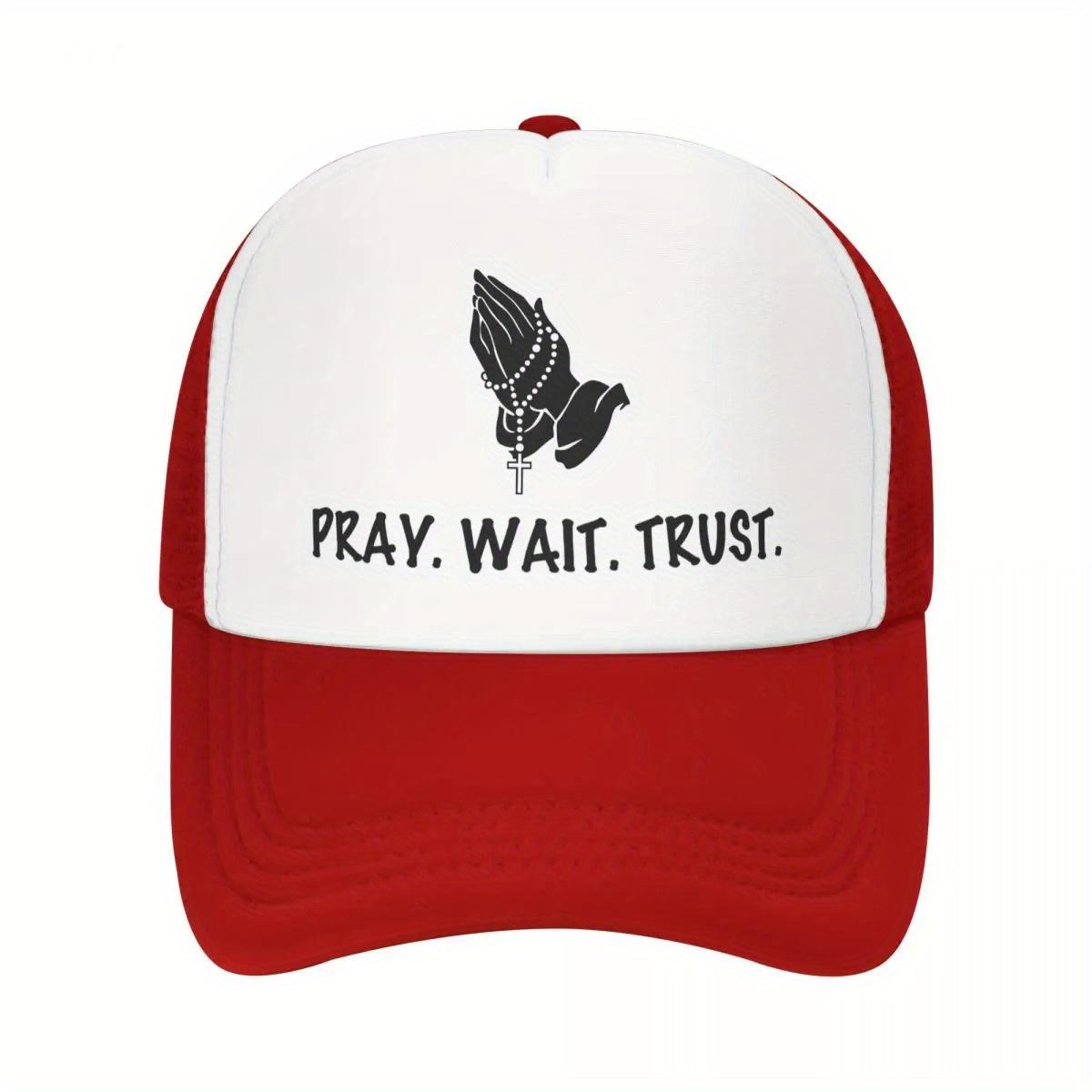 Pray Wait Trust Graphic Trucker Hat Christian Faith Baseball Cap Adjustable Outdoor Sports Style for Adults One Size