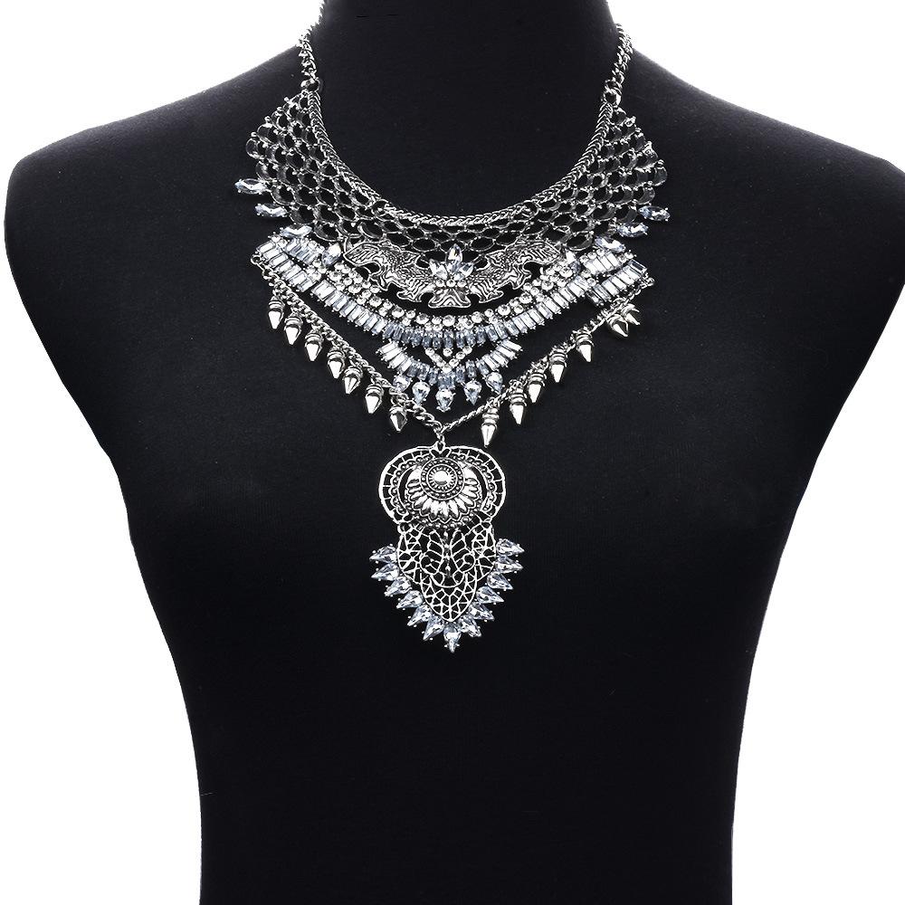 Vintage Silver Alloy Rivet Rhinestone Tassel Choker, Punk Luxury Style Collarbone Necklace