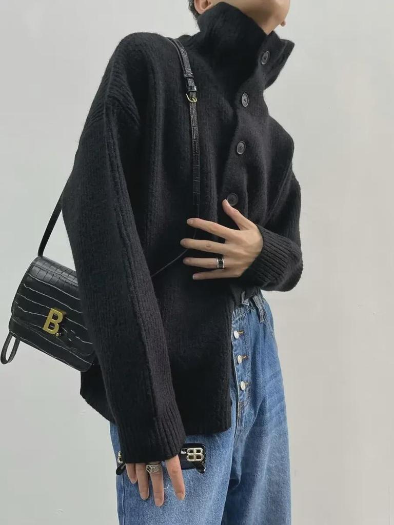 Men's Thickened Turtleneck Sweater with Button Decoration - Loose Fit Cardigan