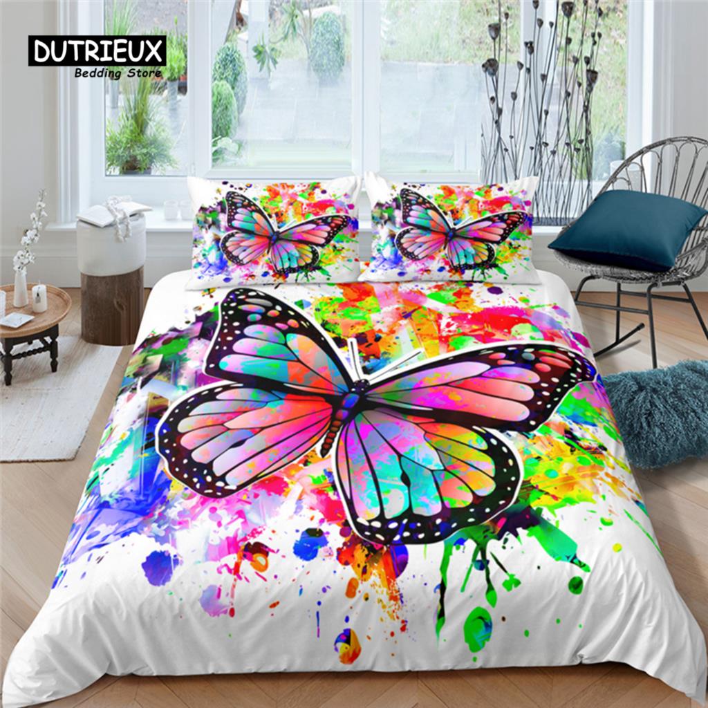 Home Living Luxury Butterfly Print 2/3Pcs Soft Duvet Cover PillowCase Queen Size and King Size Kids Bedding Set EU/US/AU Size