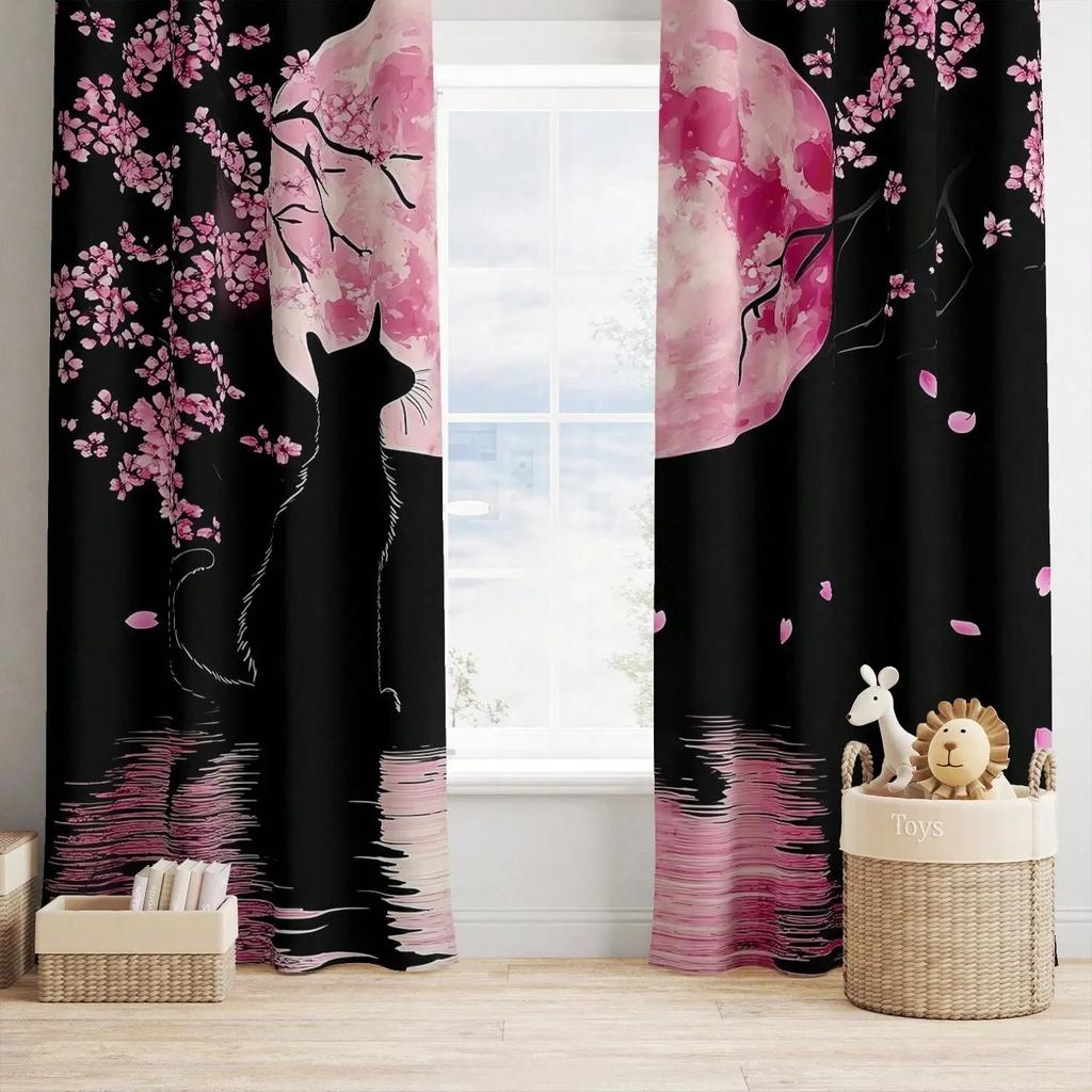 Jit Dreamy Floral Curtain Cherry Blossom Cat Design Polyester Drapes Home Decor Holiday Window Trea Curtains Light Blocking Set Of 2 Made With Rod