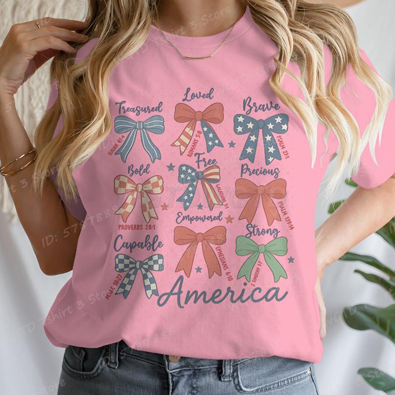 4th Of July Bows America Print Tshirt For Women Summer Casual Tshirts Short Sleeve Tops July 4th Gifts Independence Day Tshirt