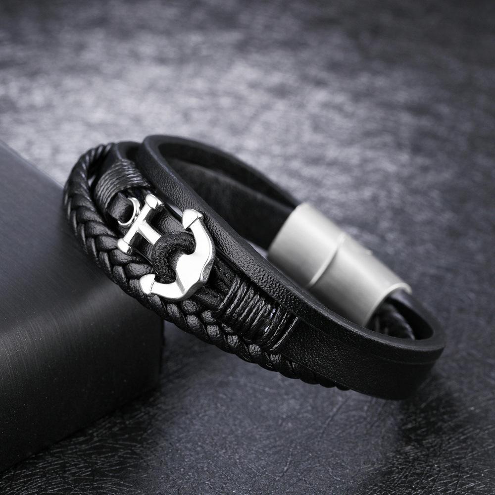 Anchor Black Leather Rope Cowhide Men's Double Layer Woven Bracelet Handmade Multilayer Leather Bracelet