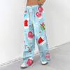 Women's Casual Christmas Print Loose Fit Straight Leg -Lined Pants with Elastic Waist for Winter